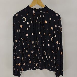 Ann Taylor Blouse Med Black Jewel Celestial Moon Long Sleeve Elastic Waist Cuffs
